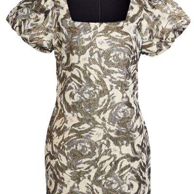 Susie - Golden Floral Puffed Cap Short Sleeve Dress