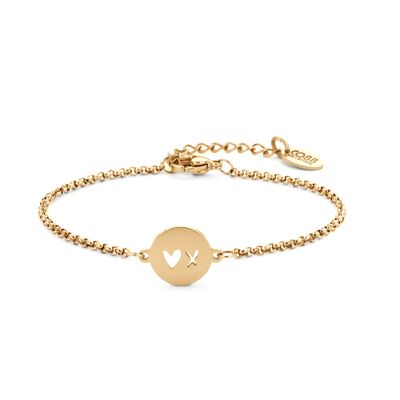 Pulsera de acero inoxidable chapada en iones de oro con colgante de corazón en forma de X