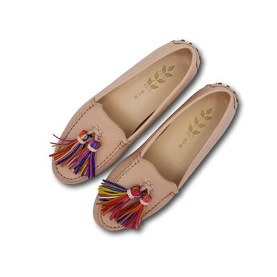Mocassins in beige leather with multicolor tassels