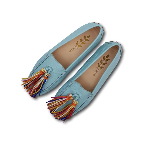 Mocassins in azure leather with multicolor tassels