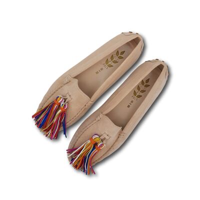 Mocassins in beige suede with multicolor tassels