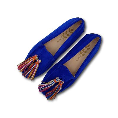 Mocassini in suede bluette con nappine multicolor