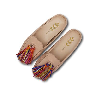 Mules in beige leather with multicolor tassels