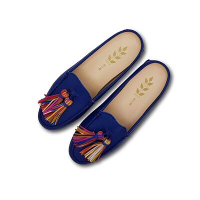 Mules in navy leather with multicolor tassels