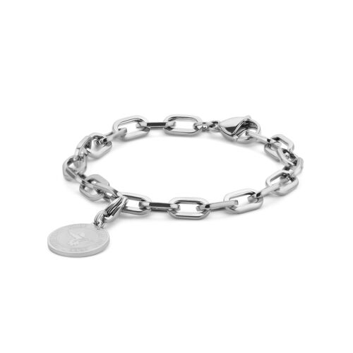 Stainless steel bracelet in large links with hunningbird pendant