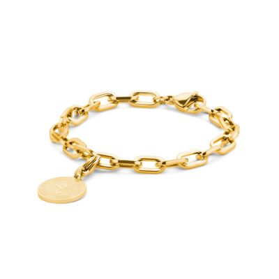 Gold ion plated stainless steel bracelet in large links with hunningbird pendant