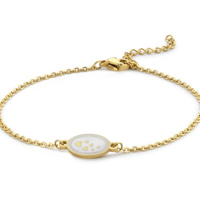Gold ion plated stainless steel bracelet wit oval charm in white enamel