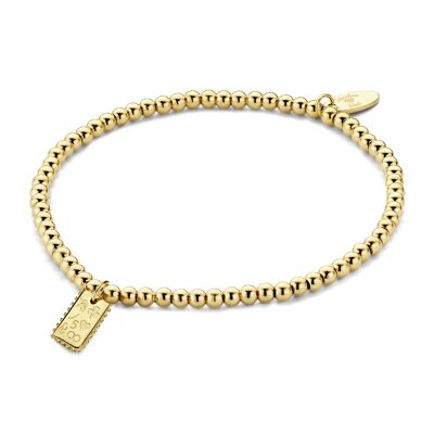 Gold ion plated stainless steel beads stretch bracelet with rectangle charm