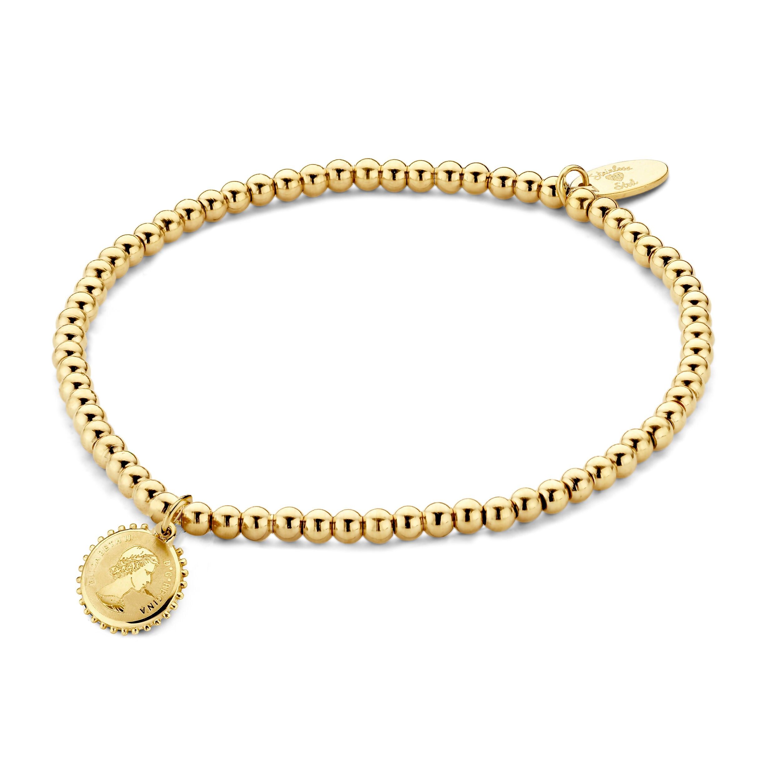 Gold ion plated stainless steel beads stretch bracelet with charm