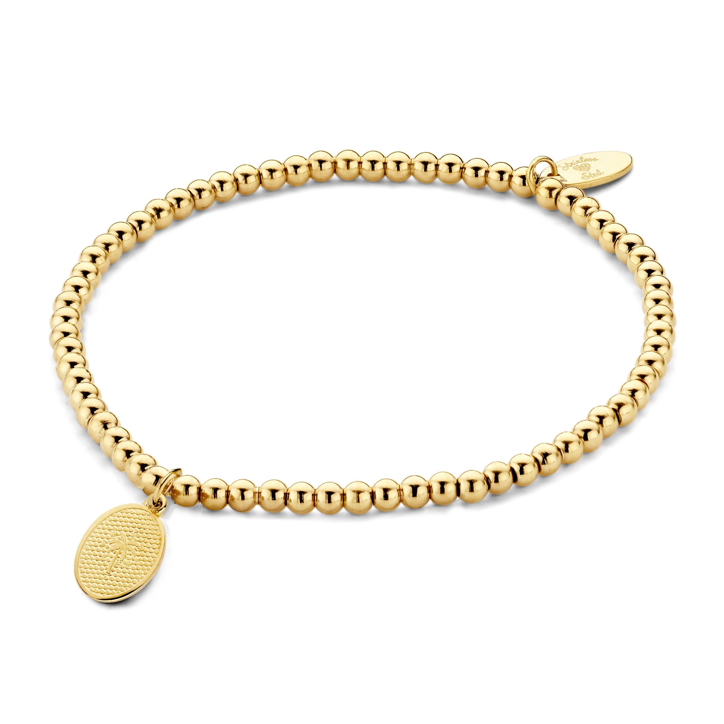 Gold ion plated stainless steel beads stretch bracelet with charm