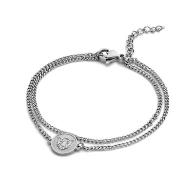 CO88 bracelet dubble chain with round cheetah charm 16.5+3cm ips