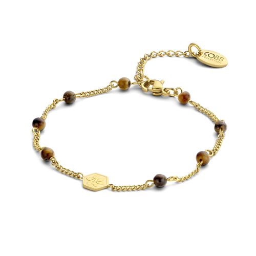 CO88 bracelet with tiger eye beads 3mm, gourmet chain and a flower charm ipg