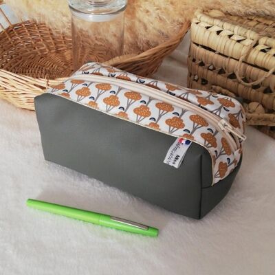 Gray faux leather and tree cotton pencil case