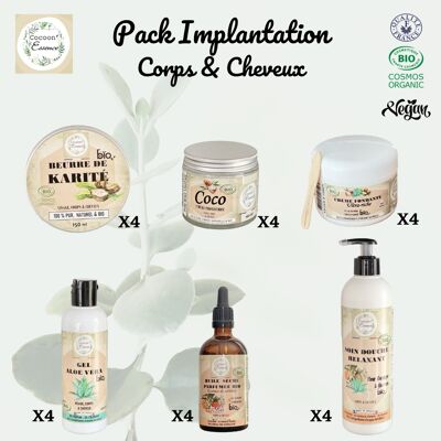 Pack Implantation Corps & Cheveux rituel beauté bio Cocoon'Essence - certifié bio Cosmos Organic - vegan - 24 produits + PLV offertes