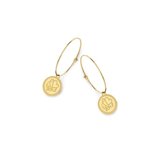 Gold ion plated stainless steel earrings with round pendants I love you