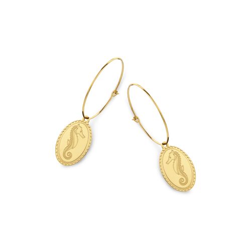 Gold ion plated stainless steel earrings with oval pendants seahorse