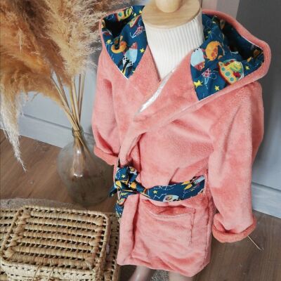 Children's bathrobe, 6/7 years old, in bamboo fiber - salmon, dinosaurs and rockets
