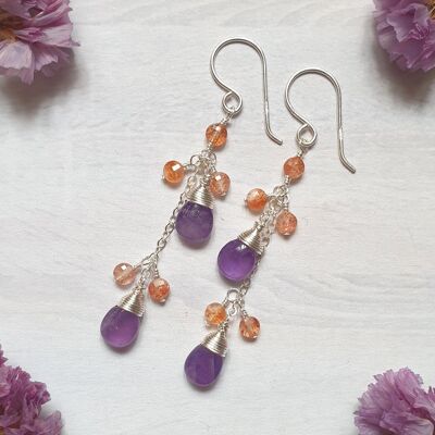 Amethyst and Sunstone Earrings in Silver