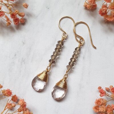 Boucles d'Oreilles ornées de Gemmes de Quartz roses et fumés