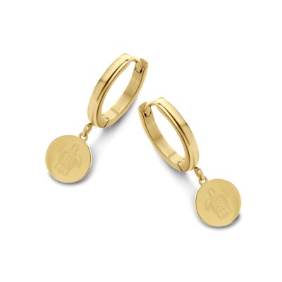 Gold ion plated stainless steel hoops earrings with round pendant turtle