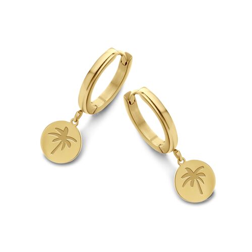 Gold ion plated stainless steel hoops earrings with round pendant palmtree