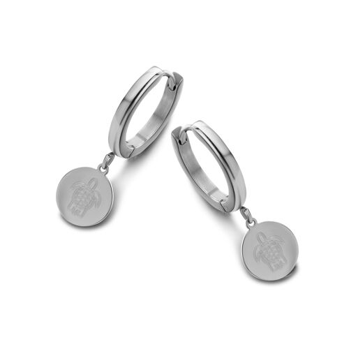 Stainless steel hoops earrings with round pendant turtle