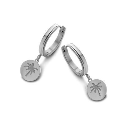Stainless steel hoops earrings with round pendant palmtree