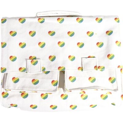 multicolored schoolbag with small retro hearts pattern