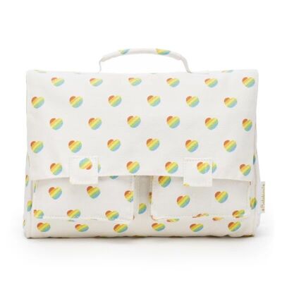 multicolored schoolbag with small retro hearts pattern