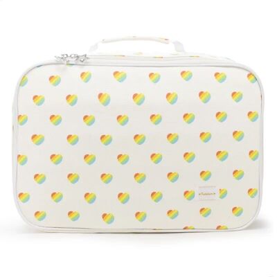 multicolored weekend suitcase with small retro hearts pattern