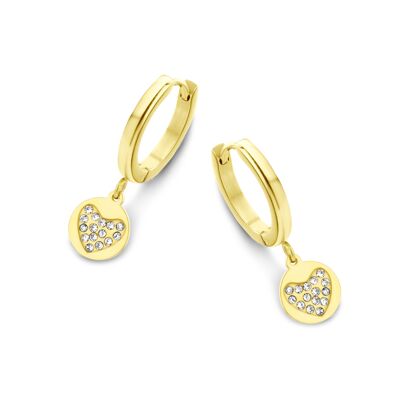 Gold ion stainless steel hoops earrings with zirconia heart pendant