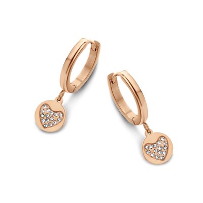 Rose ion stainless steel hoops earrings with zirconia heart pendant