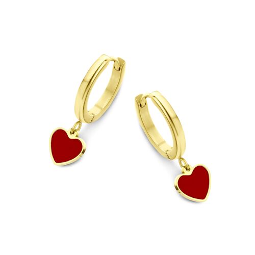 Gold ion plated stainless steel hoops earrings with red heart enamel pendant