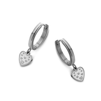 Stainless steel hoops earrings with white heart enamel pendant