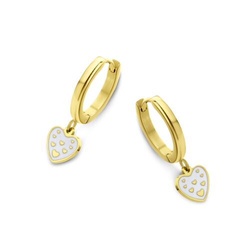 Gold ion plated stainless steel hoops earrings with white heart enamel pendant