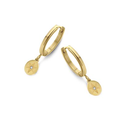 Gold ion plated stainless steel hoops earrings with zirconia round pendant