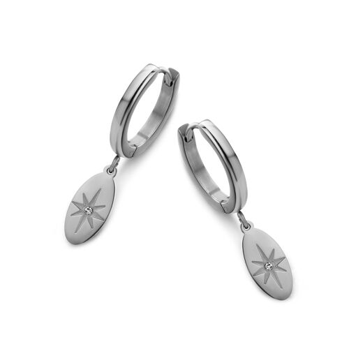 Stainless steel hoops earrings with zirconia oval pendant