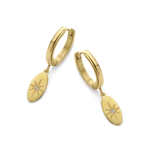 Gold ion plated stainless steel hoops earrings with zirconia oval pendant