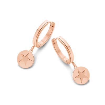 Boucles d'oreilles créoles en acier inoxydable plaqué ion rose pendentif rond étoile