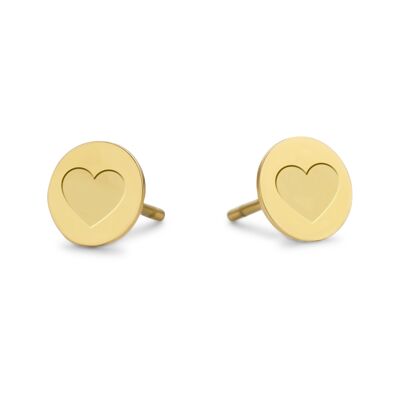 Gold ion plated stainless steel heart round ear studs
