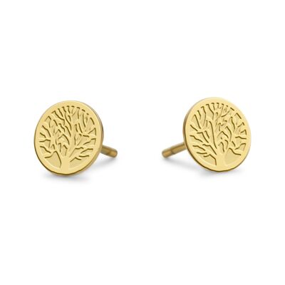 Clous d'oreilles ronds Tree of Life en acier inoxydable plaqué or