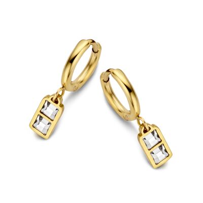 Gold ion plated stainless steel hoops earrings with 2 square Swarovski cristals charm