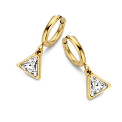 Gold ion plated stainless steel hoops earrings with triangle Swarovski cristals charm