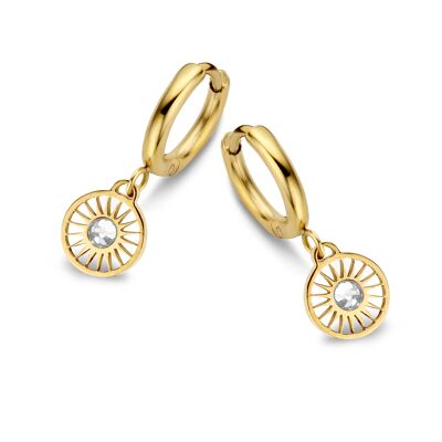 Gold ion plated stainless steel hoops earrings with round Swarovski crystals charm