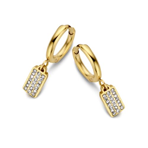 Gold ion plated stainless steel hoops earrings with rectangle Swarovski cristals charm