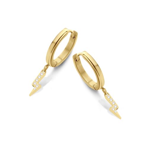 Gold ion plated stainless steel hoops earrings lightning charm with stones