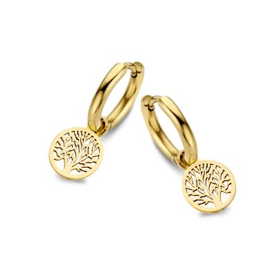 Gold ion plated stainless steel hoops earrings with tree of life charm