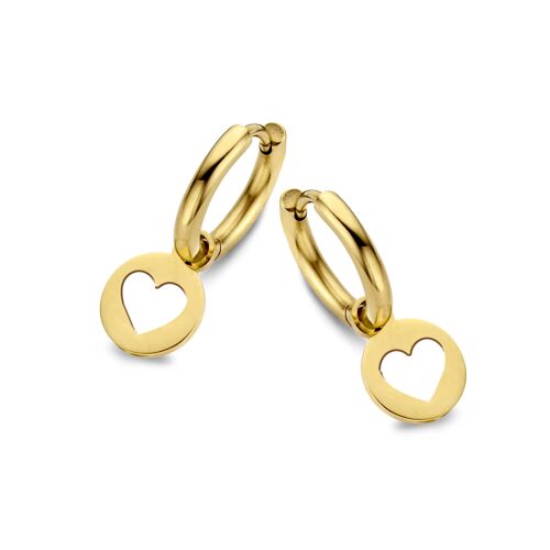 Gold ion plated stainless steel hoops earrings with round open heart charm