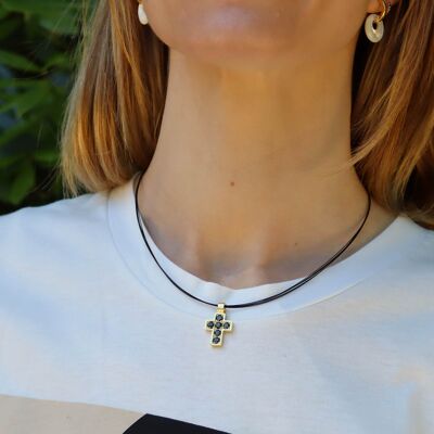 Golden cross and onyx necklace