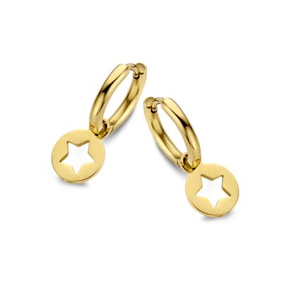 Gold ion plated stainless steel hoops earrings with round open star charm